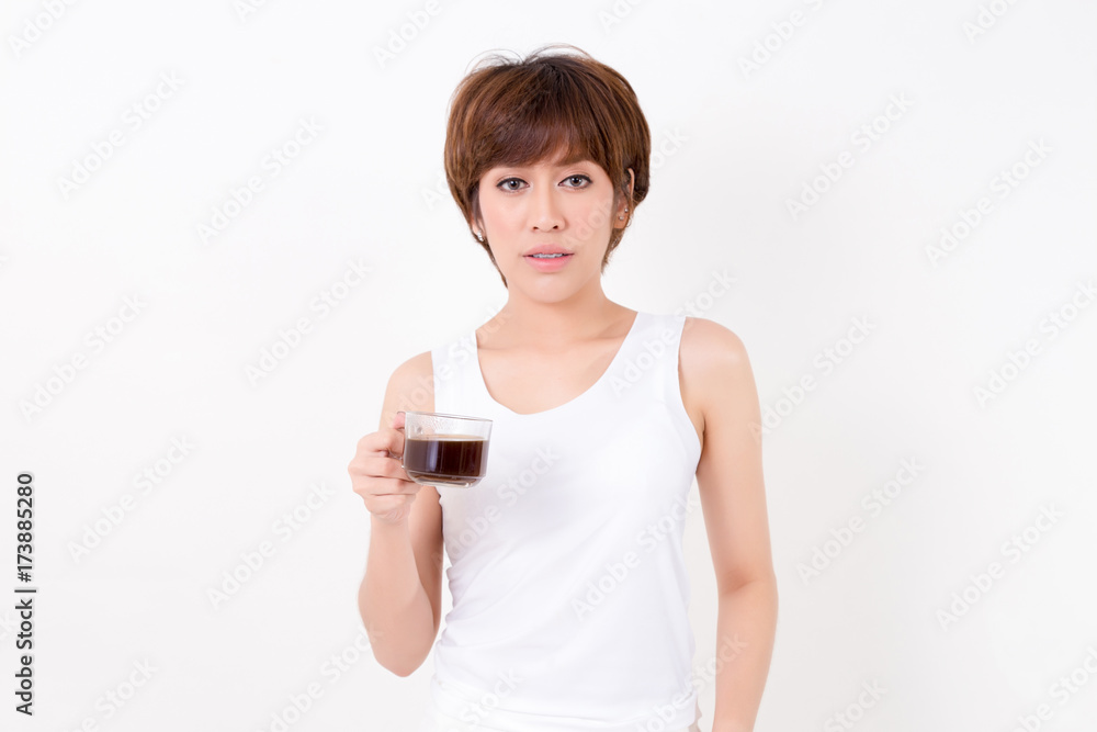 Beautifulyoung Asia woman with a cup of hot coffee. Isolated on white background. Studio lighting. Concept for healthy. Beautifulyoung Asia woman with a cup of hot coffee. Isolated on white background. Studio lighting. Concept for healthy.