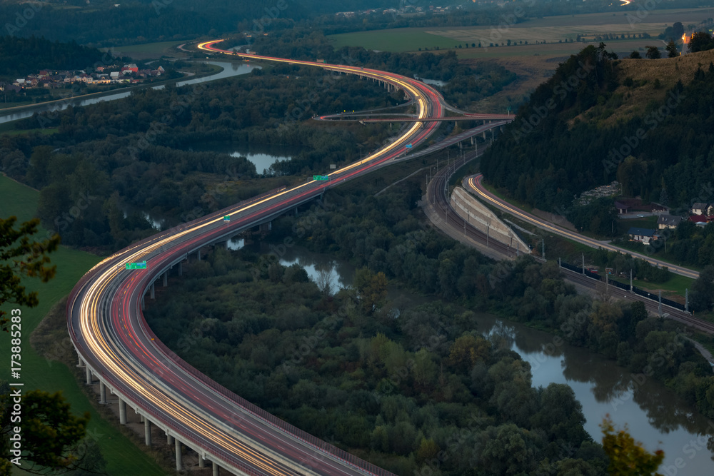 night highway, the light path headlights of cars, district Povazie, Slovakia night highway, the light path headlights of cars, district Povazie, Slovakia