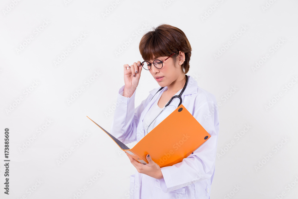 Doctor with clipboard to write it on your personal message or advice. Isolated on white background. Studio lighting. Concept for healthy Doctor with clipboard to write it on your personal message or advice. Isolated on white background. Studio lighting. Concept for healthy