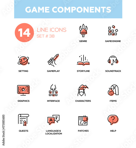 Game Components - modern vector single line icons set