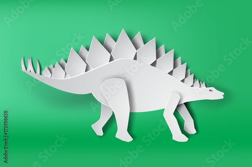 paper art of Stegosaurus dinosour on green background vector