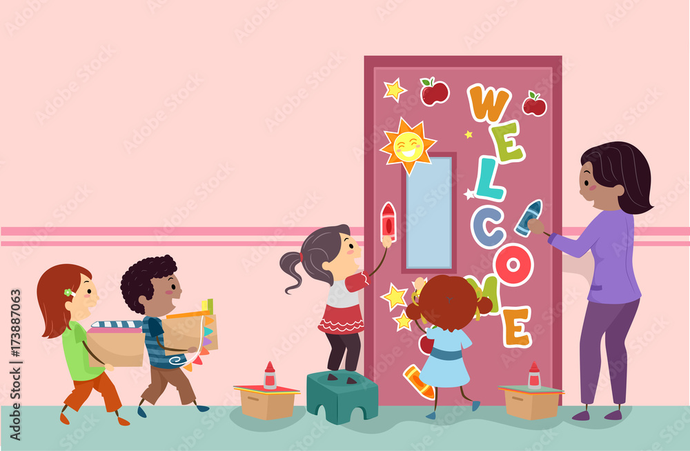 Stickman Kids Decorate Classroom Door Illustration Stickman Kids Decorate Classroom Door Illustration