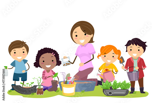 Stickman Kids Teacher Recycle Gardening