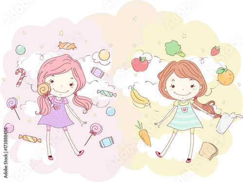 Kids Girls Candies Healthy Foods Illustration