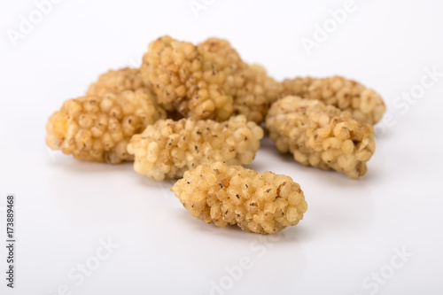 Close Up Shot Of Dried White Mulberries Fruits Isolated On White Background, A Healthy And Popular Sweet Snacks In Iran And Turkey