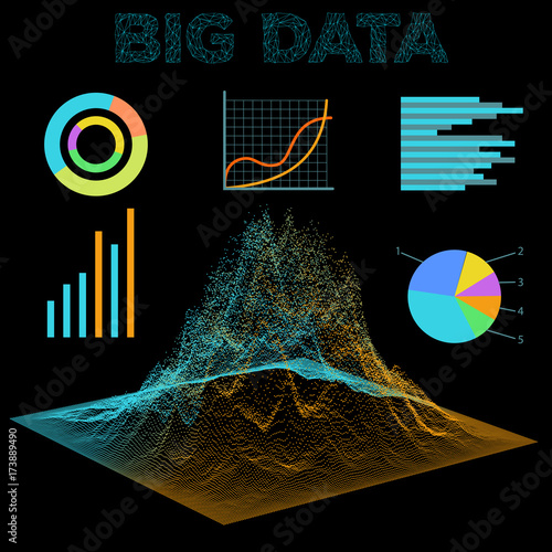 Big data visualization. Diagrams bar and line graphics. Analysis of information. Visual data infographics design. Science and technology vector background.