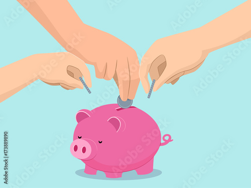 Hands Family Save Piggy Bank Illustration