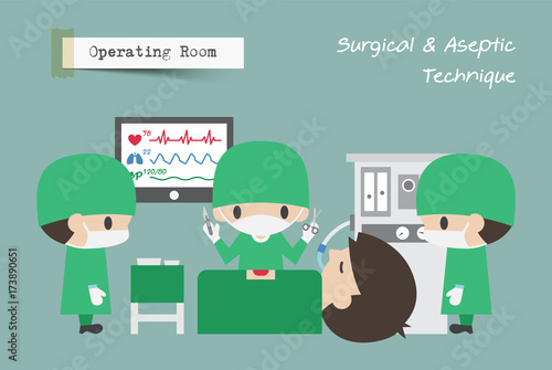 Operating Room ( OR ) . Surgeon , Assistant and Anaesthetist operate on patient . Vector