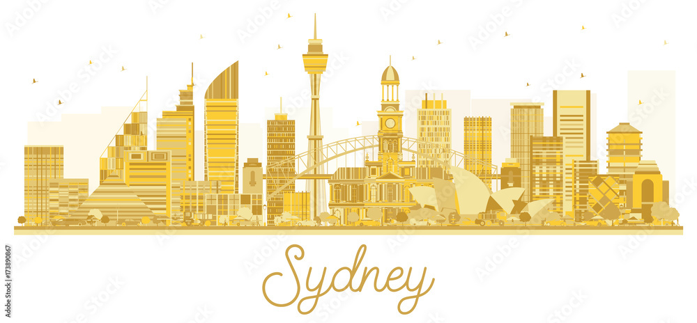 Sydney City skyline golden silhouette.