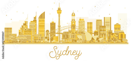 Sydney City skyline golden silhouette.