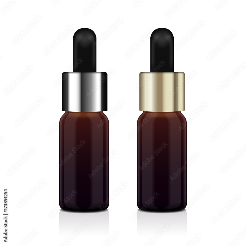 Realistic essential oil brown bottle set. Vector Mock up bottle cosmetic or medical vial, flask, flacon 3d illustration Realistic essential oil brown bottle set. Vector Mock up bottle cosmetic or medical vial, flask, flacon 3d illustration