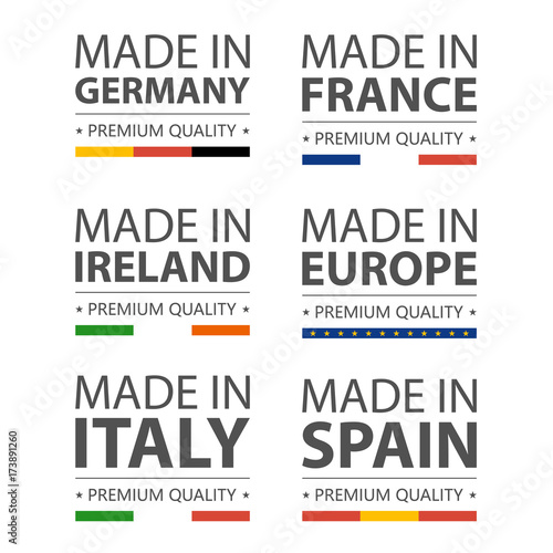 Simple vector logos Made in Italy, Germany, France, Ireland, Spain and Made in European Union. Premium quality. Label with flag. Vector illustration.