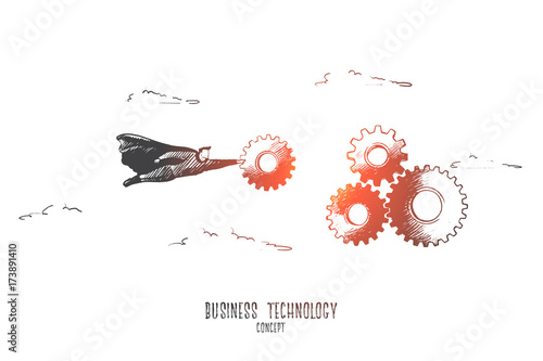 Business technology concept. Hand drawn superman with gears. Technology of business process isolated vector illustration.