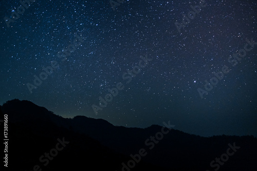Night scape with beautiful stary sky at the high mountain.. Space background.