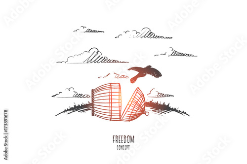 Freedom concept. Hand drawn bird escaping from the prison. Cell broken isolated vector illustration.