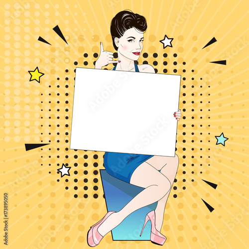 Comic Pop art woman in blue dress and pink labutenes sits and holds a white banner and requests to call . Vector illustration.