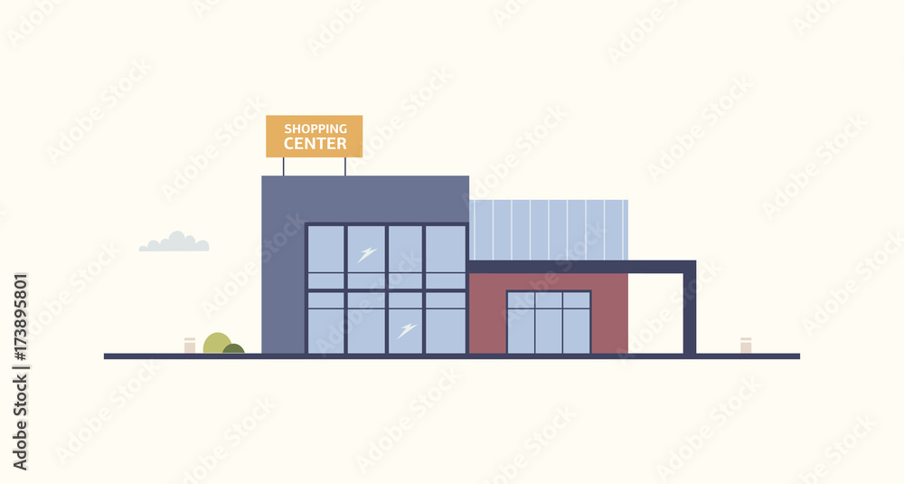 Cartoon building of shopping center or mall with large windows and  signboard built in contemporary architectural style. Exterior of department  store or shop. Modern urban design. Vector illustration. Stock Vector |  Adobe