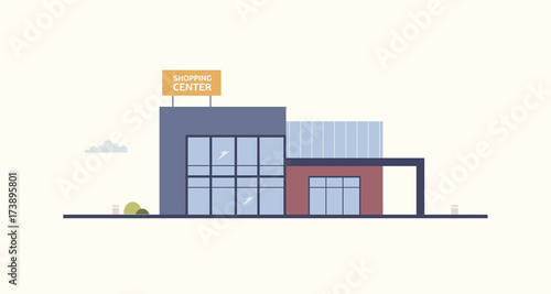 Cartoon building of shopping center or mall with large windows and signboard built in contemporary architectural style. Exterior of department store or shop. Modern urban design. Vector illustration.