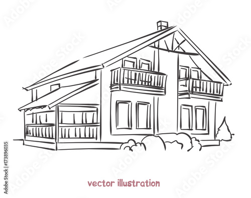 vector sketch of wooden house