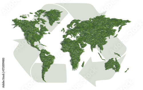 Ecology world map with sign of recycling