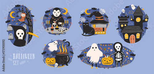 Collection of Halloween scenes with cute and funny fairy cartoon characters - grim reaper, vampire, ghost, Jack-o -lantern or pumpkin lantern, owl, black cat. Flat colorful vector illustration.