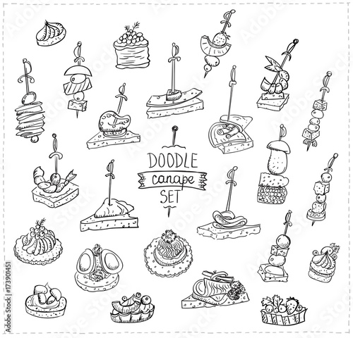 Hand drawn doodle illustration with canapes and sandwiches