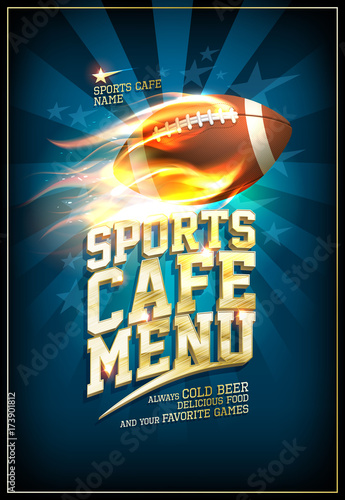 Sports cafe menu card design with classic leather rugby ball