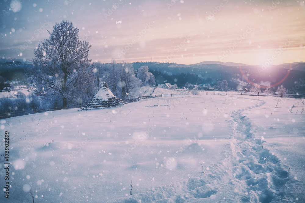 Winter mountain snowy rural sunrise vintage landscape