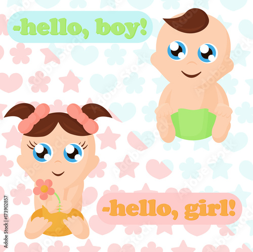 Vector illustration of little baby boy and baby girl. Adorable babies with thinking bubbles, place for your text. Cute baby characters in flat cartoon style. photo