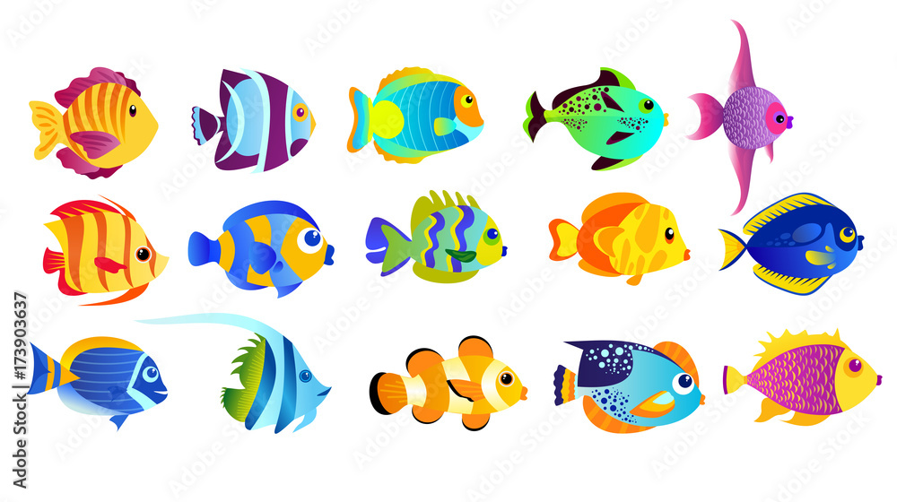 Vector illustration set of bright colors tropical fishes isolated on white background in flat cartoon style.