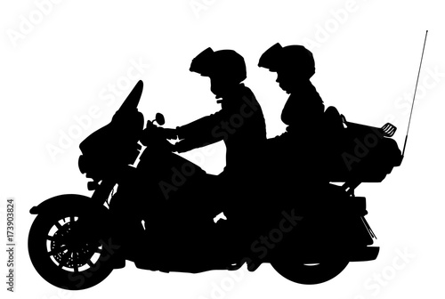 Couple in love on motorcycle vector silhouette illustration. Safety riding concept. Active couple riding on the motorbike, having fun in bikers tour.