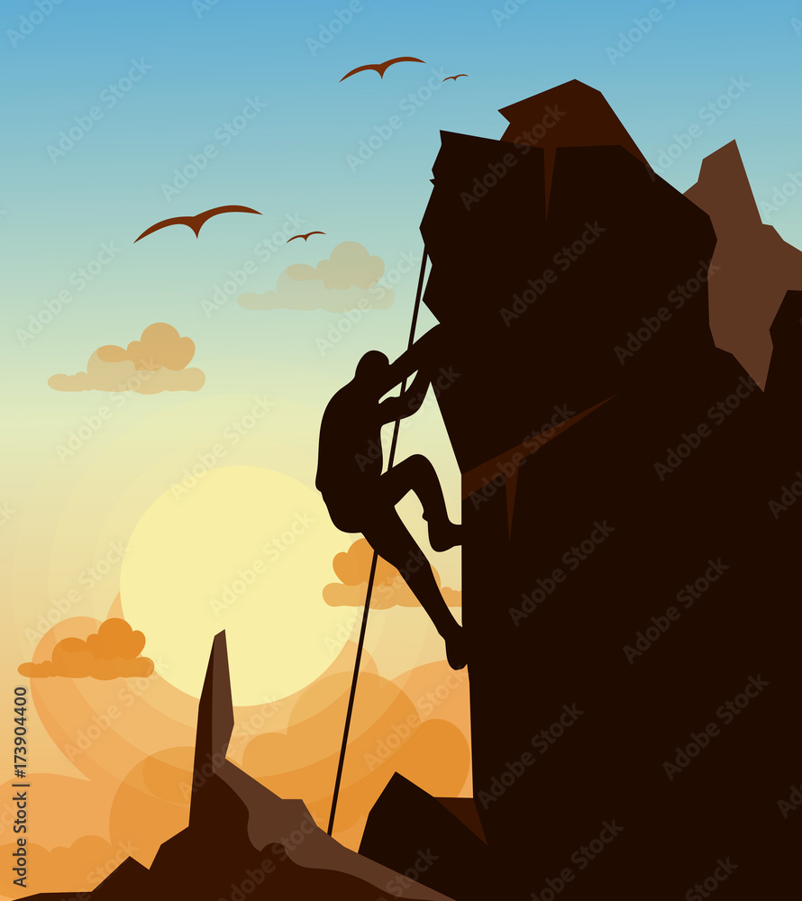 Vector illustration of mountain climbing man on the mountains rock on ...