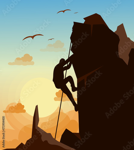 Vector illustration of mountain climbing man on the mountains rock on sunset sky with birds background in flat style. Motivation concept.
