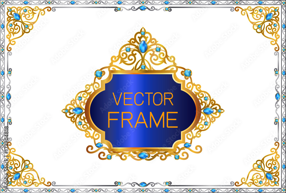 Gold border with blue gemstones design, frame photo template