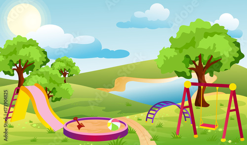 Vector illustration of kids playground. Set of elements to create urban background, park landscape in cartoon flat style.