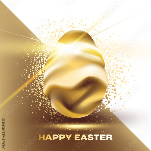 Beautiful, shiny golden egg drapery in gold silk with golden glitter and sparkle. Happy Easter greeting, card, background, brochure, poster, invitation in modern geometric style