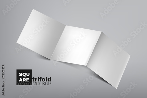 Empty, clear, white square trifold (tri fold), brochure mockup laying down on gray background with light and shadow effects. Vector illustration
