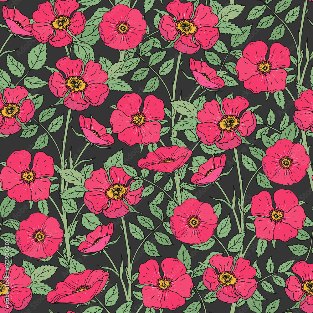 Floral seamless pattern with blooming dog roses, green stems and leaves on dark background. Elegant pink flowers hand drawn in antique style. Natural vector illustration for backdrop, textile print.