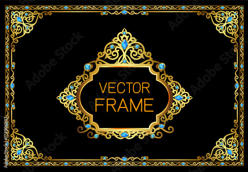 Gold border with blue gemstones design, frame photo template, certificate template with luxury and modern pattern,diploma,Vector illustration