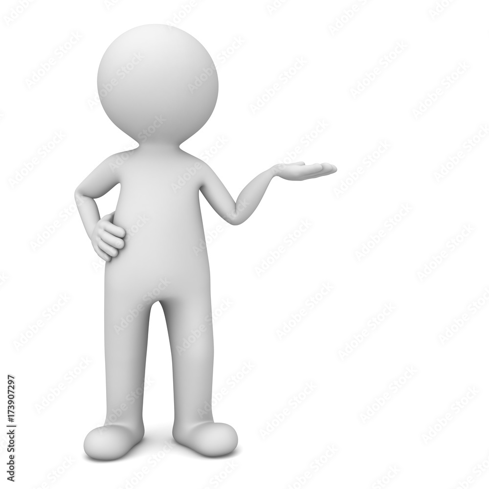 3d man presenter standing and showing your product on his hand with blank space isolated over white background with shadow . 3D rendering. 3d man presenter standing and showing your product on his hand with blank space isolated over white background with shadow . 3D rendering.