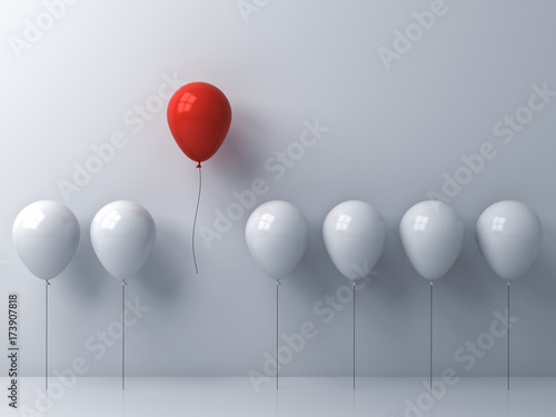Stand out from the crowd and different concept   One red balloon flying away from other white balloons on white wall background with window reflections and shadows . 3D rendering.