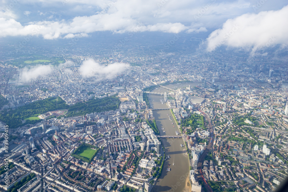Aerial view of London city and River Thames.