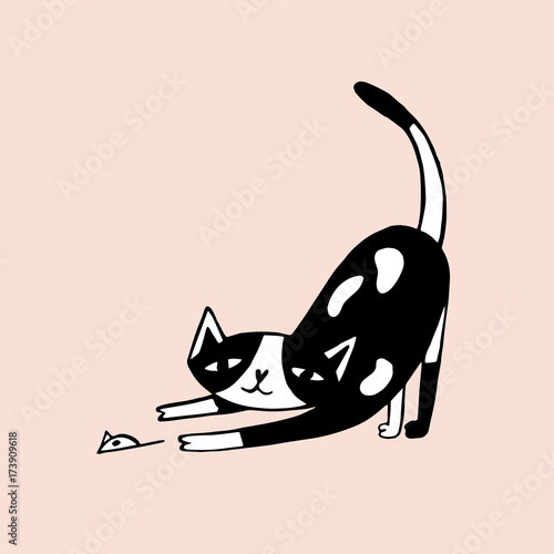 Drawing of funny cat hunting and catching mouse or playing with it. Playful pet animal. Cute cartoon character hand drawn in black and white colors. Monochrome vector illustration in doodle style.