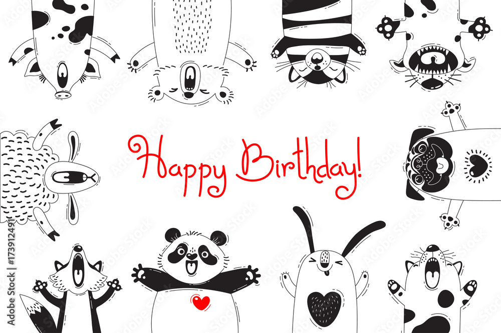 Fototapeta premium Birthday Card with Funny Animals Pig Bear Fox Sheep Cat Pug Panda Rabbit