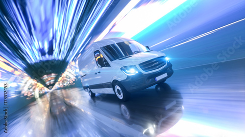 Fotografie Schneller Transporter bei Nacht in einem Tunnel