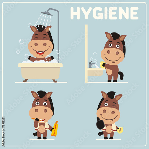 Collection isolated of horse in cartoon style for rules of child hygiene. Set of funny horse is hygiene: showering, washing hands, brushing her teeth.