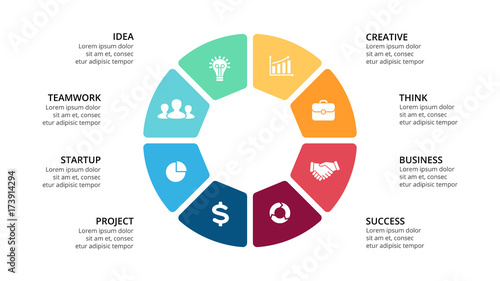 Vector circle arrows infographic, cycle diagram, geometric graph, presentation chart. Business concept with 8 options, parts, steps, processes. 16x9 slide template.