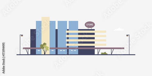 Modern building of megastore or shopping center built in contemporary architectural style. Facade of big box store, supermarket or outlet shop. Commercial real estate. Flat vector illustration.