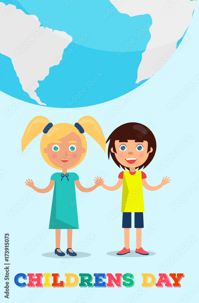 Girl and Boy Holding Hands under Earth Planet Girl and Boy Holding Hands under Earth Planet