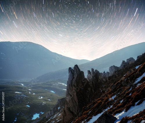 Landscape with milky way, Night sky with stars on the mountain, Long exposure photograph, with grain photo